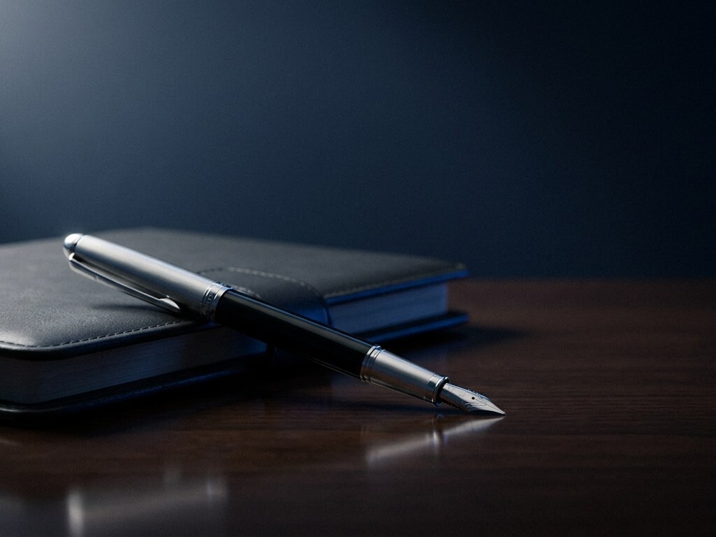 Silver fountain pen resting on a leather planner