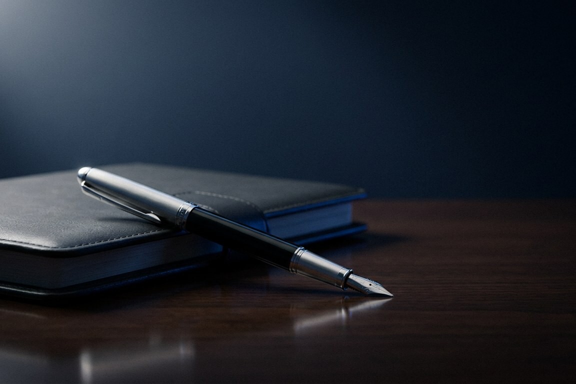 Silver fountain pen resting on a leather planner