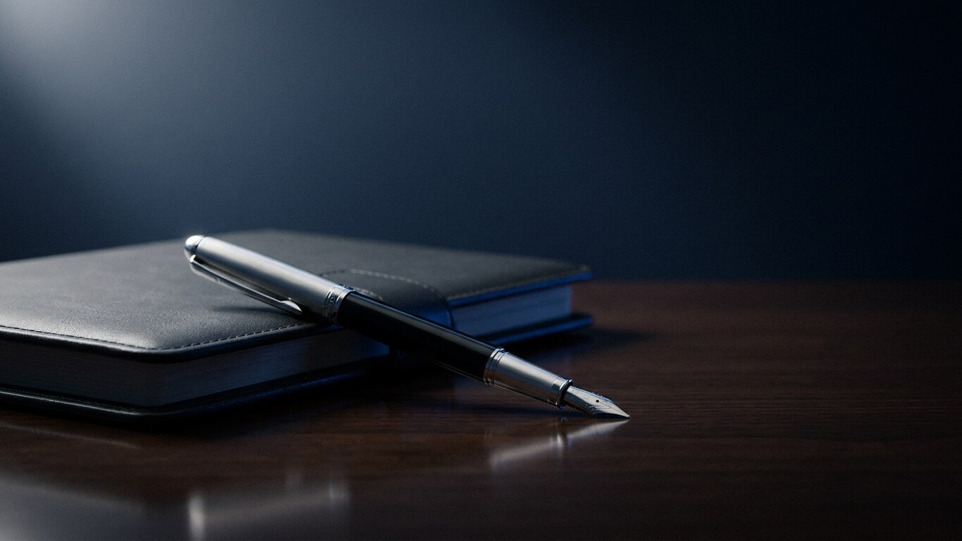 Silver fountain pen resting on a leather planner
