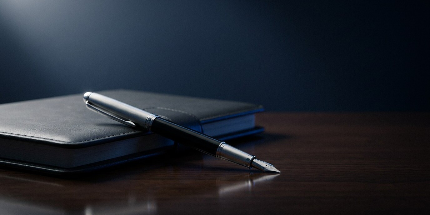 Silver fountain pen resting on a leather planner