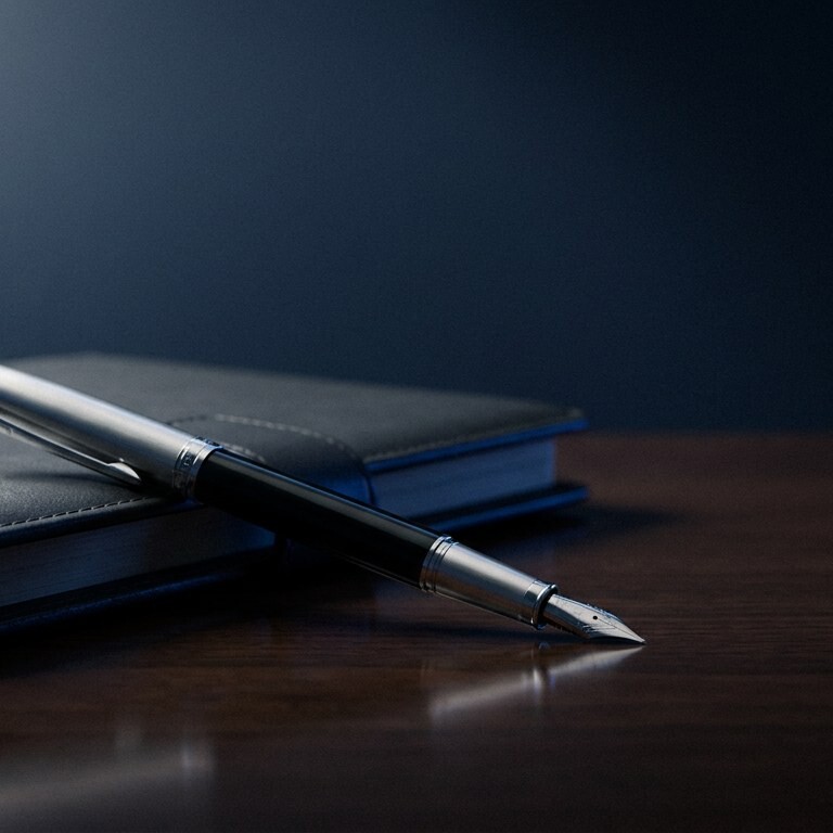 Silver fountain pen resting on a leather planner