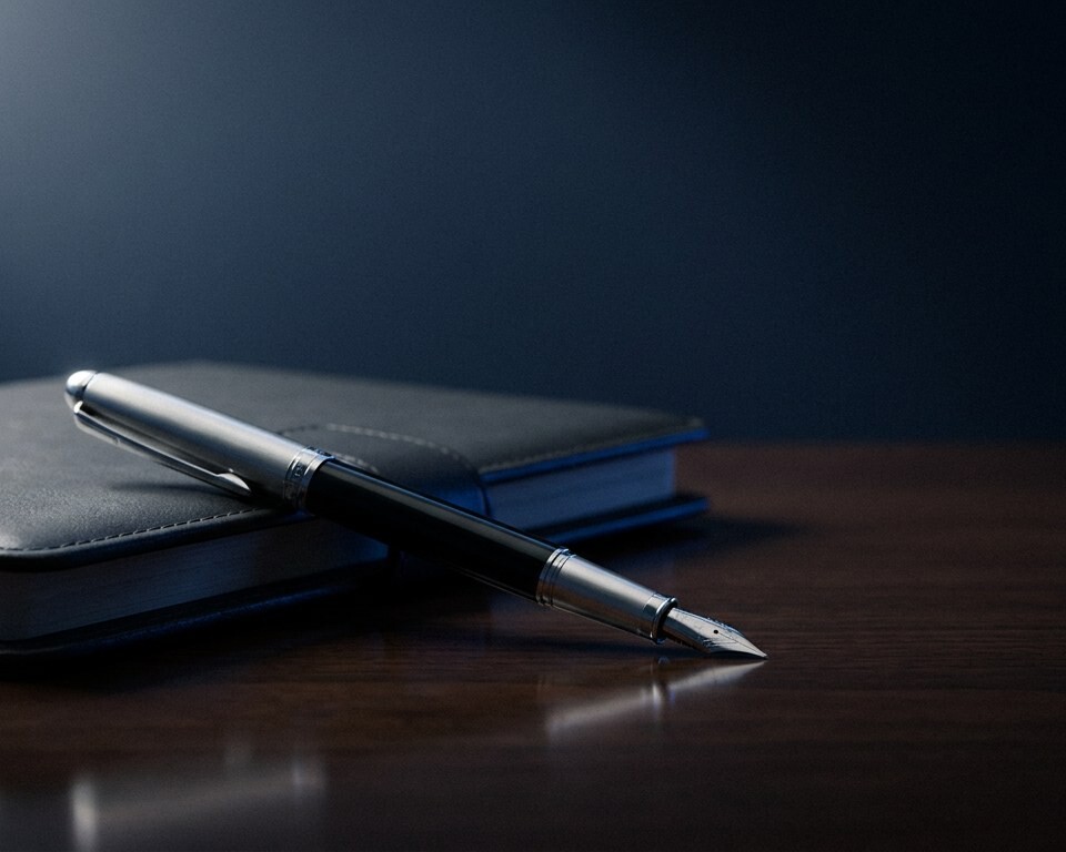 Silver fountain pen resting on a leather planner