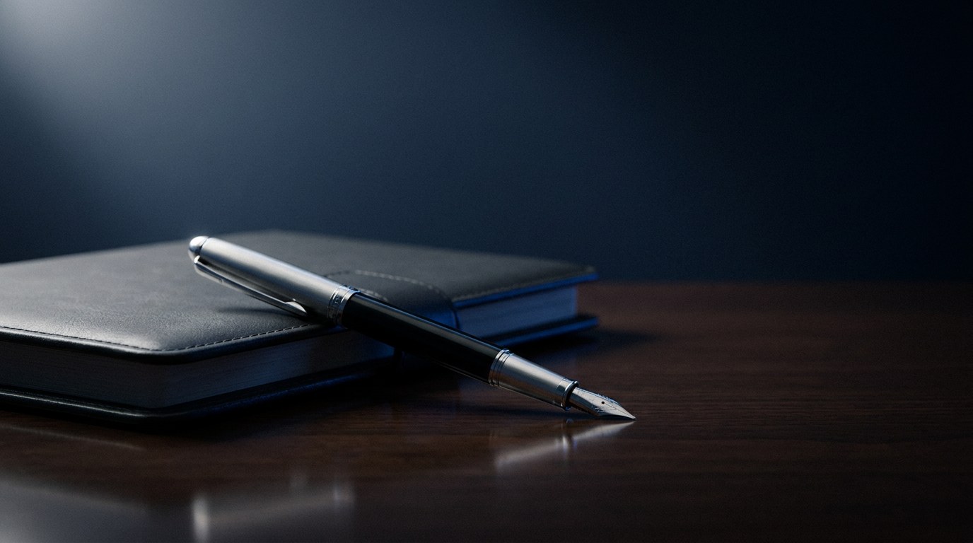 Silver fountain pen resting on a leather planner