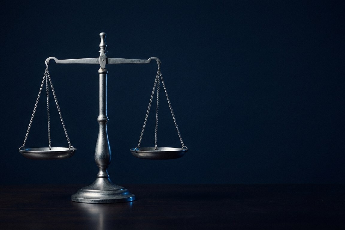 Silver balance scale on a dark surface