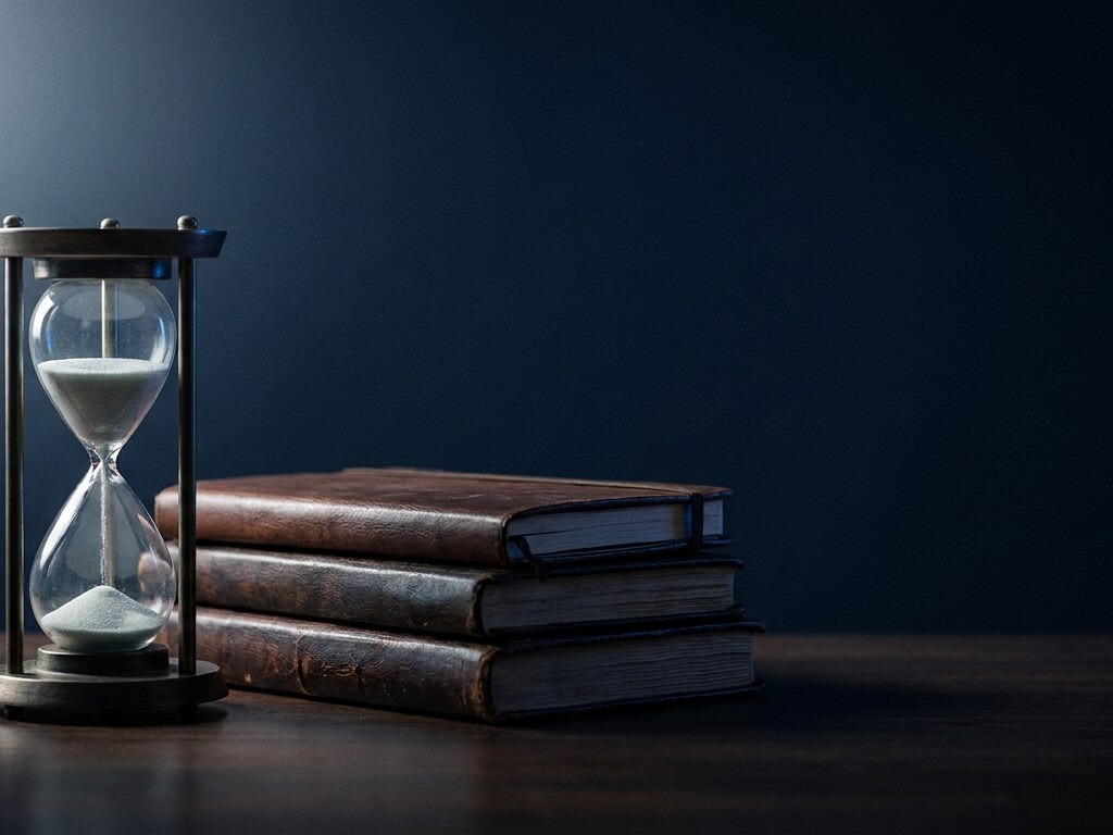 Hourglass beside a stack of leather-bound journals