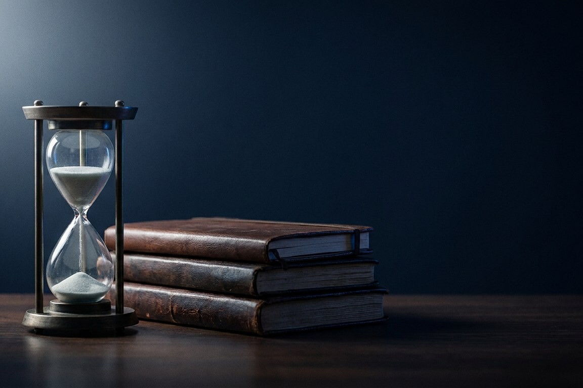 Hourglass beside a stack of leather-bound journals
