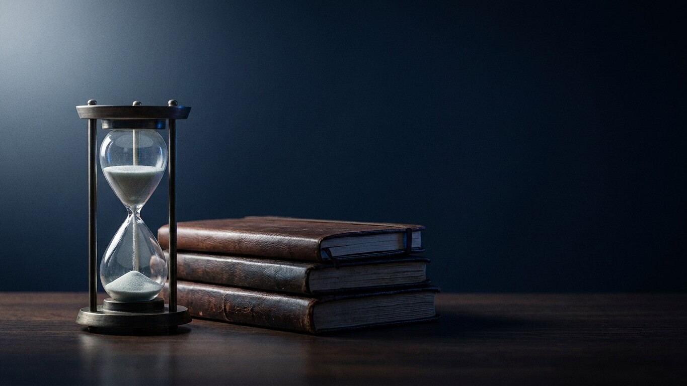 Hourglass beside a stack of leather-bound journals