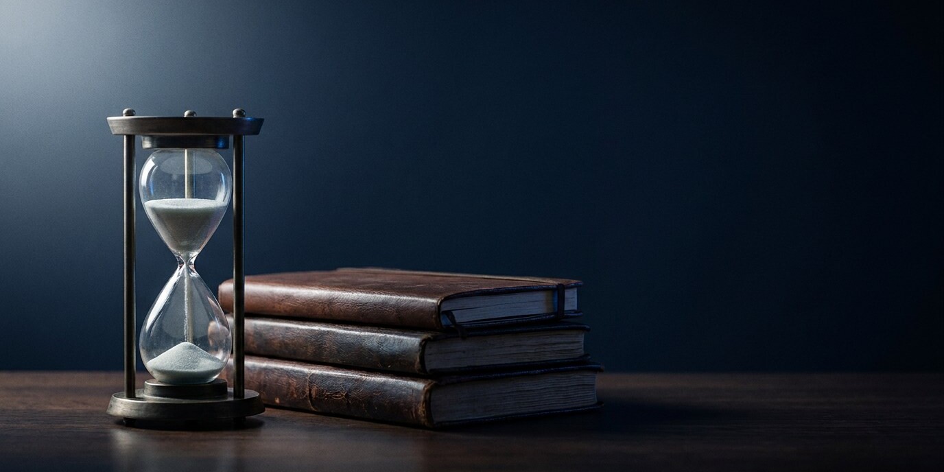 Hourglass beside a stack of leather-bound journals