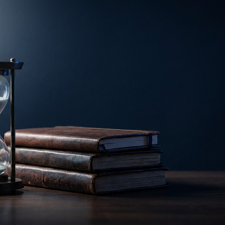 Hourglass beside a stack of leather-bound journals
