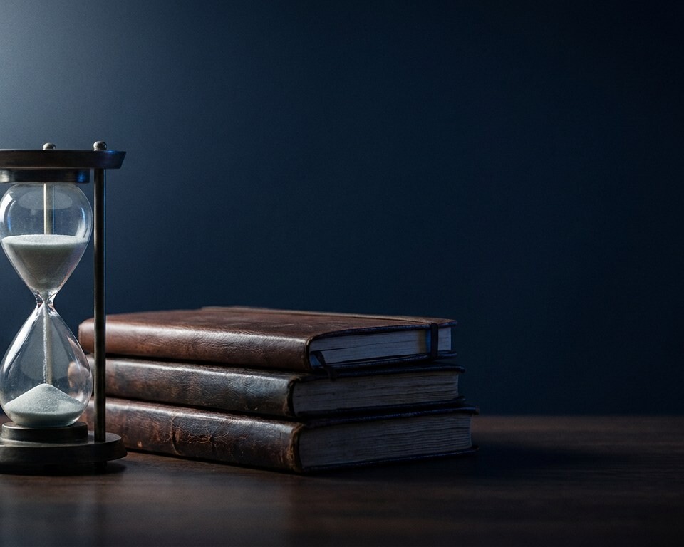 Hourglass beside a stack of leather-bound journals