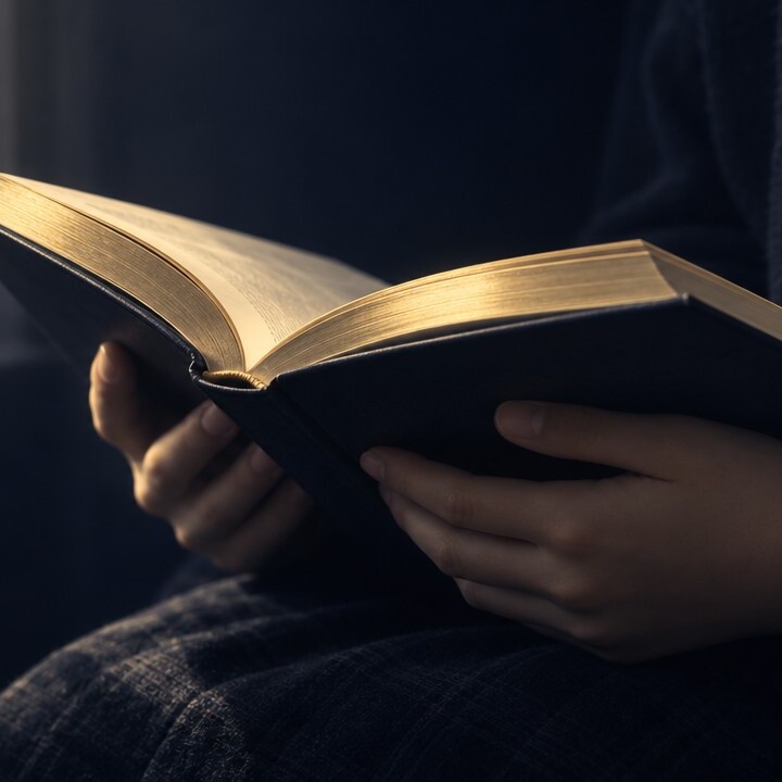 A student holding an open book in warm light