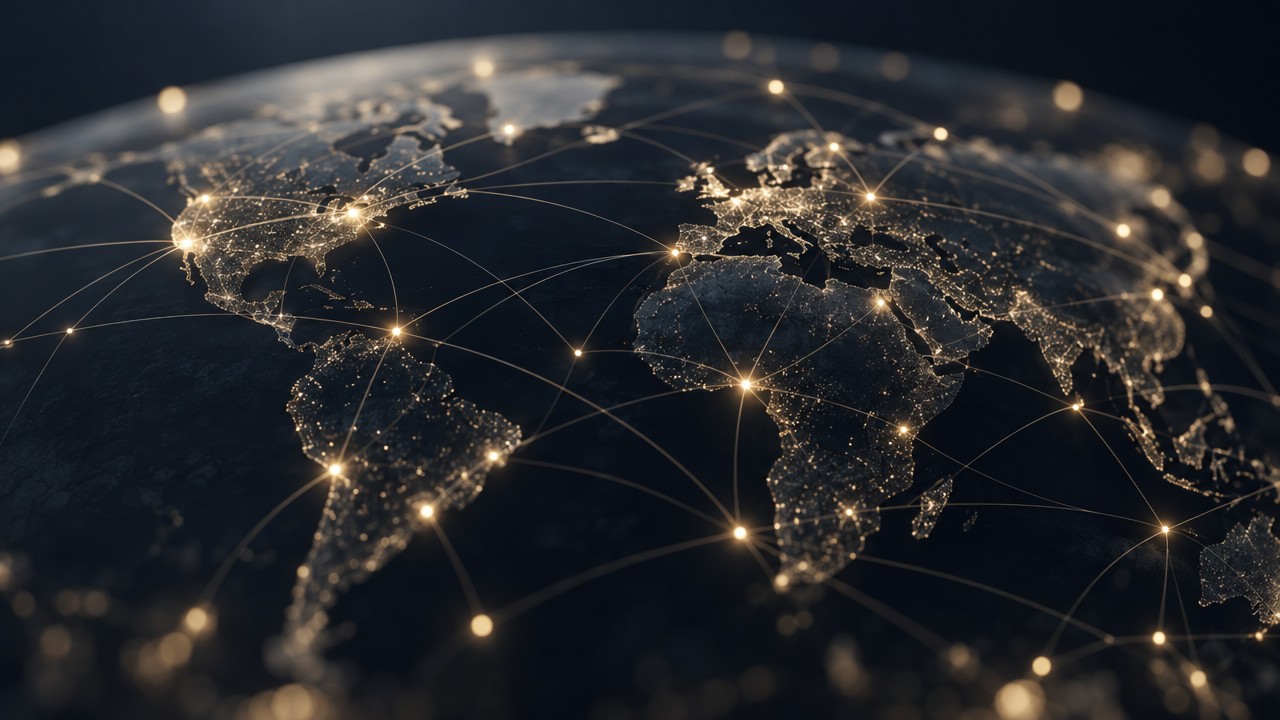 A world map of gold-lit connections representing a global investment network